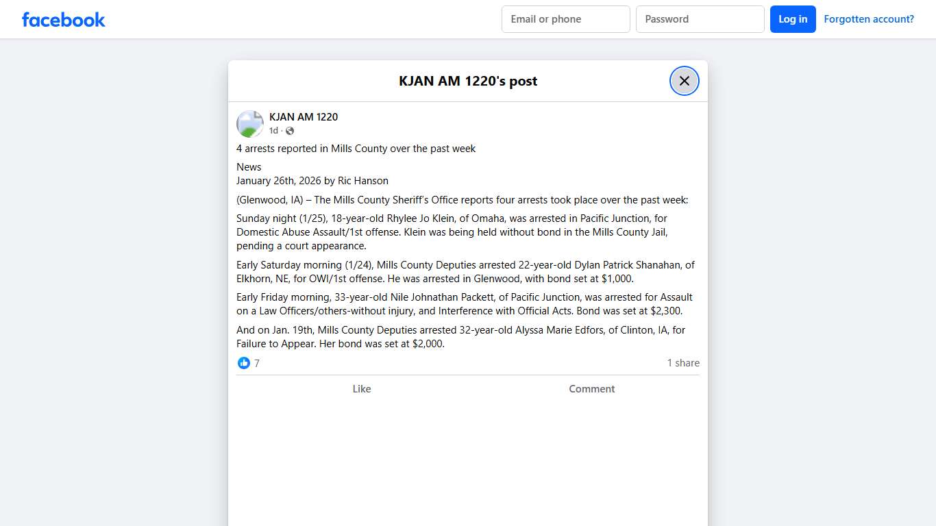 KJAN AM 1220 - 4 arrests reported in Mills County over the... Facebook