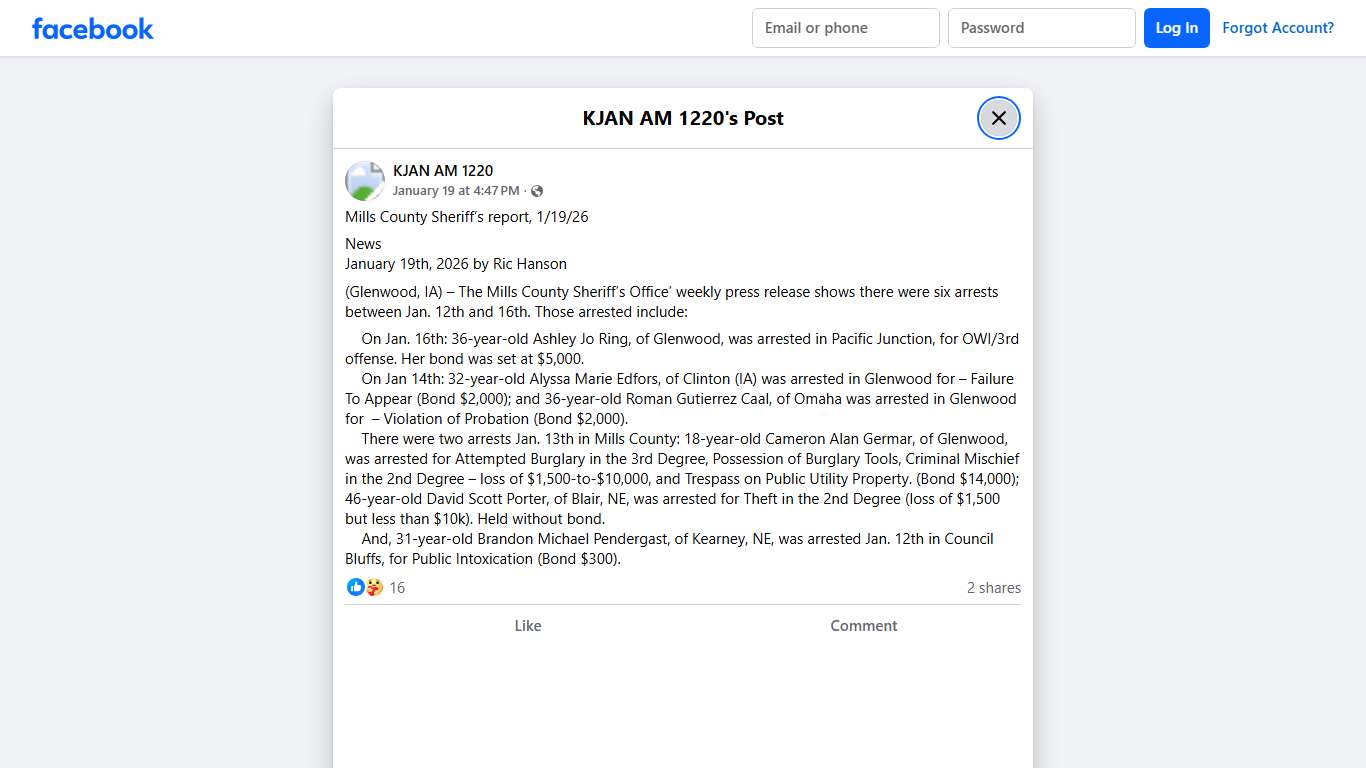KJAN AM 1220 - Mills County Sheriff’s report, 1/19/26... Facebook